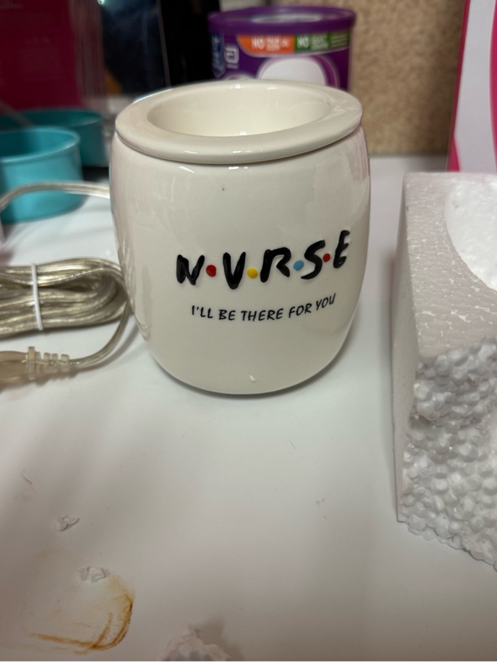 Pink Zebra Cream Ceramic 'NURSE' Wax Warmer with Multicolor Accents